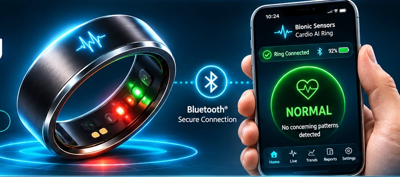 Concept illustration of a smart ring connected wirelessly to a smartphone over Bluetooth
