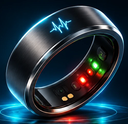 Concept art of one metallic Cardio AI Ring with illuminated optical sensor elements